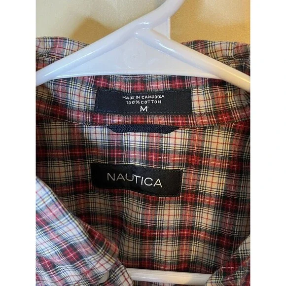 Nautica Mens Medium Red Plaid Long Sleeve Button Up Shirt W/ Pocket Used - Picture 3 of 6